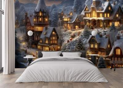 Winter village at night. Christmas and New Year background. Digital painting. Wall mural