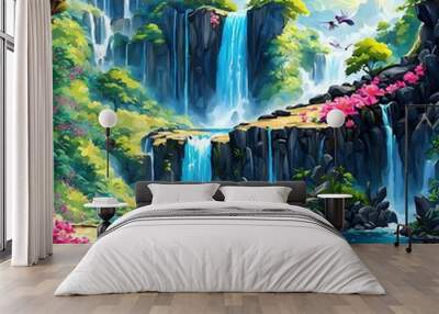 a waterfall in a forest. The waterfall is surrounded by rocks and trees with pink flowers Wall mural