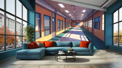 Empty school hallway with orange walls, windows and tile floor. Concept of education, classroom, back to school, and learning. Wall mural