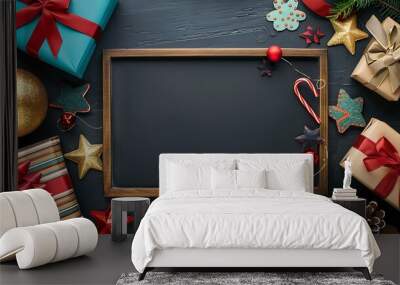 holiday cheerful decoration around in blank chalkboard Wall mural