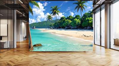 Tropical beach paradise with white sand, crystal clear turquoise water and palm trees under a blue sky with clouds. Perfect for vacation, relaxation, and travel Wall mural