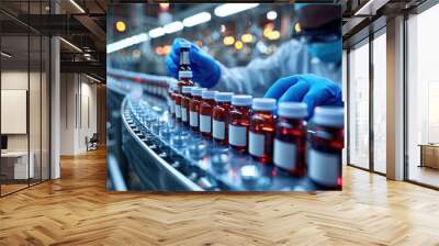 Black pharmacist wearing protective sanitary gloves examining medical vials on production line conveyor belt in medical healthcare mass production factory manufacturing prescription drugs medication Wall mural