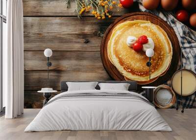 delicious homemade pancakes with fresh berries and cream on wooden table, top view Wall mural