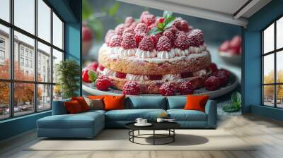 fresh homemade raspberry cream layered cake on rustic kitchen backdrop Wall mural