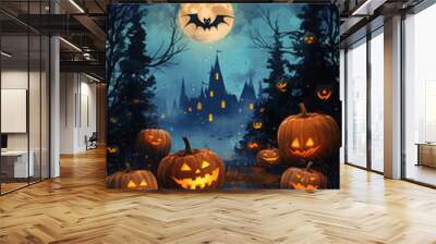 Happy halloween banner or party invitation background with violet fog clouds and pumpkins Wall mural