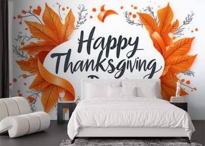 Happy thanksgiving day with autumn leaves. Hand drawn text lettering. Vector illustration. Script. Calligraphic design for print greetings card, shirt, banner, poster. Colorful fall Wall mural