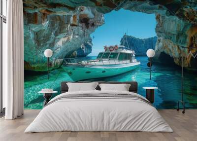 Tourist boat in Bue Marino Cave in the Gulf of Orosei, Sardinia island, Italy Wall mural