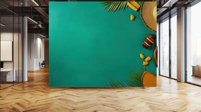 Tropical Barbecue Setup with Corn and Meat on a Green Background Wall mural