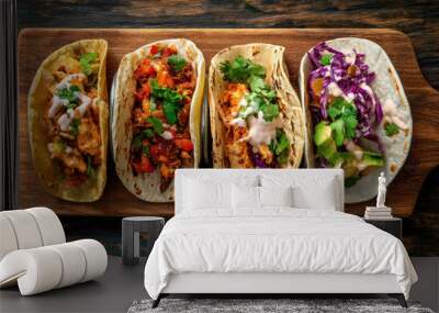 variety of gourmet tacos on rustic wooden serving board Wall mural