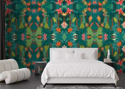 Colorful pop flower forest orange and green pattern with exotic leaves from tropical jungle illustration Wall mural