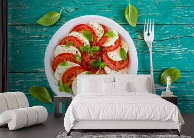 Delicious caprese salad with ripe tomatoes and mozzarella cheese with fresh basil leaves. Italian food.  Wall mural