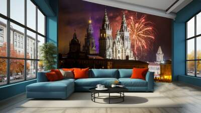 Fireworks display over the Cathedral of Saint James in honor of the Day of St James Apostle Festival 2022 Wall mural