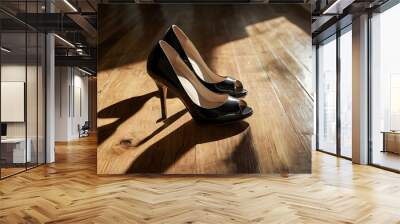 A pair of chic high heels arranged neatly on a polished wooden floor, casting elegant shadows, Highly Illustration, 8k image  Wall mural