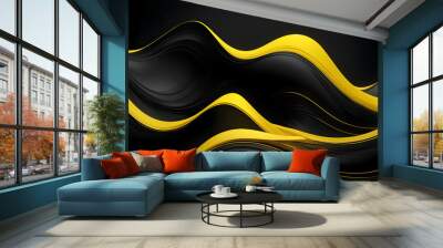 Dynamic yellow gradient glassy waves rippling over a sleek black backdrop Wall mural