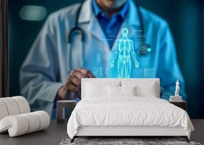 Doctor Holding Tablet with Holographic Digital Healthcare Interface Wall mural