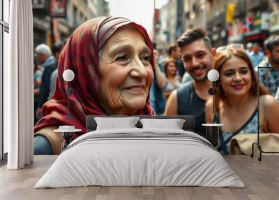 Dynamic Street Portrait of a Woman Smiling in the City Wall mural