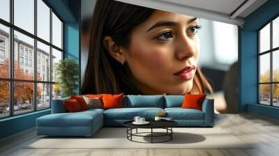 Focused Young Woman in Discussion at Work Wall mural