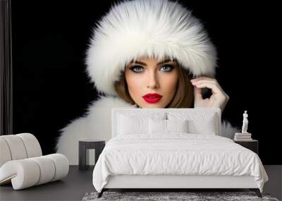 Winter Glamour Elegant Woman in White Fur Coat and Hat Wall mural