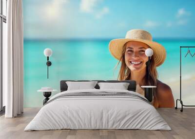 Young Woman Enjoying Summer Sunshine on the Beach Wall mural