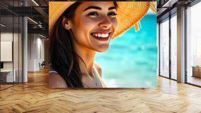 Young Woman Enjoying Summer Sunshine on the Beach Wall mural