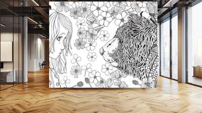 Cute littlel girl with headphones and Bear in knitted scarf. Coloring book page for adult and children. Black and white. Wall mural