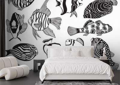 Set of black and white tropical fish. Wall mural