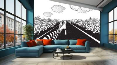 Someone is sitting on the highway and drinking coffee. Long car highway. Landscape. Coloring Book page for adult. Black and White vector. Wall mural