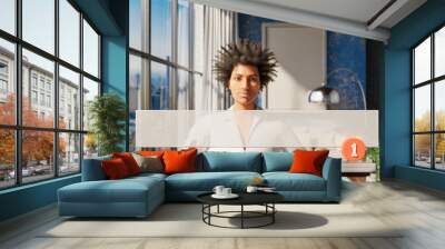 woman with dreadlocks behind search box with text floating in air in luxurious loft apartment with window; interior living room design; 3D Illustration Wall mural