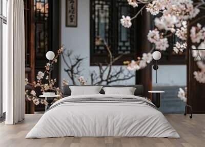 , Chinese style villa interior design, and flowers and trees Wall mural