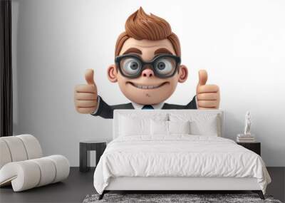 3d funny character cartoon sympathetic looking business man dear person in suit with glasses and tie blue colour shirt thumbs up isolated on white background  Wall mural