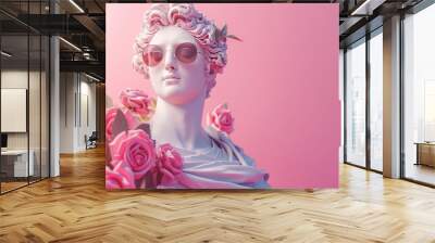 3D illustration of a classical bust wearing sunglasses and holding a bouquet of pink roses, set against a pastel pink background, blending classical art with modern elements Wall mural