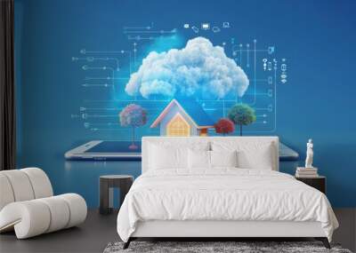 3d illustration of cloud with house on tablet, blue background, digital technology concept for home exterior design, smart houses and industry network system Wall mural