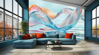 3d render abstract background in nature landscape. Transparent glossy glass ribbon on water.  Wall mural