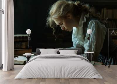 a 1900s female blonde doctor leaning over a table studying, she's wearing feminine old west clothing, profile view,  Wall mural