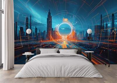 A background for an online presentation on the theme of future city development, featuring elements like futuristic buildings and modern urban design.  Wall mural