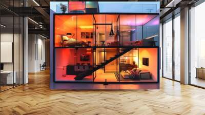 A building consisting of four glass rooms, namely bedroom, living room, kitchen, and bathroom, connected by stairs, featuring minimalism, futuristic technology style, modern interior design style, asy Wall mural