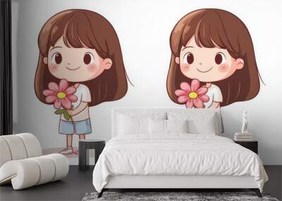 A cute little girl holding flower in hand, happy expression, simple flat style illustration with white background and simple lines, cartoon character design, chibi doll, cute little Asian face, wearin Wall mural