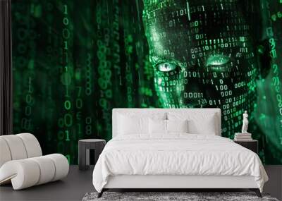 A human being made out of digital binary code, hologram themed, matrix background  Wall mural