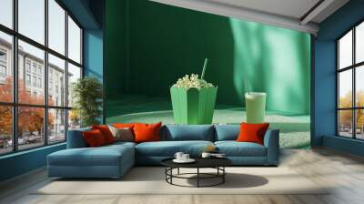 a racing green monochromatic 3d render of a pop corn box and a drink on a circular warm grey cinema carpet arranged in order, minimalistic, high resolution, cinema theme, pop aesthetics, global illumi Wall mural