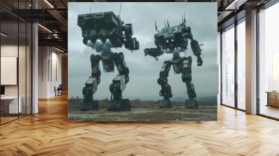 a realistic photo of two group of robot facing each other in battlefield  Wall mural