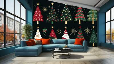 A set of Christmas trees with red, white and green glittery gold accents on dark forest background, in the art style of cut felt crafts with isolated elements, decorated for Valentine's Day, with star Wall mural