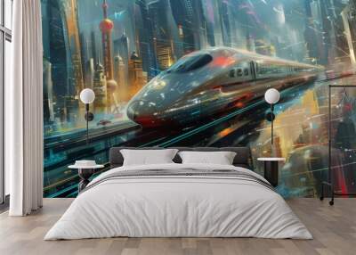 A train driving through an urban scene with cities。 Wall mural