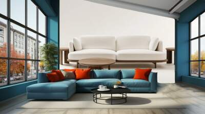 A white sofa with wooden legs and two round coffee tables on the side, in a light beige style, with an oversized sofa armrest, a plush fabric texture, soft curves, a streamlined design, a simple backg Wall mural