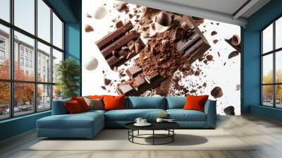 Abstract advertising poster design containing a lot of chocolate, White background, studio photography, realistic, intricate details, artistic design, epic, aperture f/8 shutter speed 1/320 second,  Wall mural