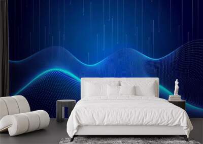 Abstract blue wave, digital lines, futuristic background, flowing pattern, dark blue gradient, data visualization, 3D effect  Wall mural