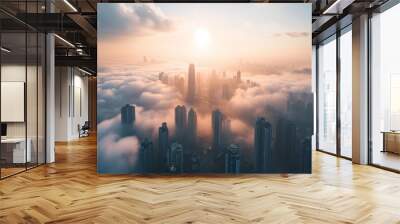 An aerial view of city over the clouds. Wall mural