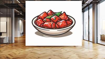 An icon-style illustration of traditional Korean red tteokbokki, depicted in a stylish and vibrant manner, tteokbokki pieces arranged neatly in a small, elegant dish, set against a plain white backgro Wall mural