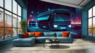 Autonomous smart bus and car rides through the night city.  Wall mural