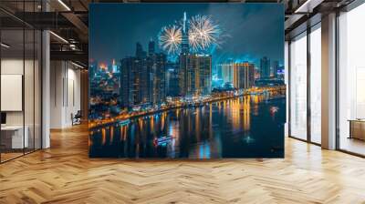 Celebration. Skyline with fireworks light up sky over Landmark 81 skyscraper in Ho Chi Minh City ( Saigon ) Vietnam. Beautiful night view cityscape. Holidays celebrating New Year and Tet holiday  Wall mural