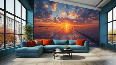 Close up of solar panels on roof with beautiful blue sky and sun light in sunset time, green energy concept , photo realistic, high resolution photography  Wall mural